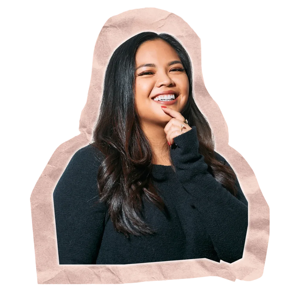 Lissa Lumutenga smiling, cut out on pink paper