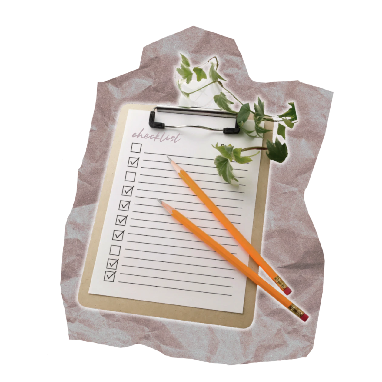 A clipboard checklist with two pencils and ivy on crumpled paper